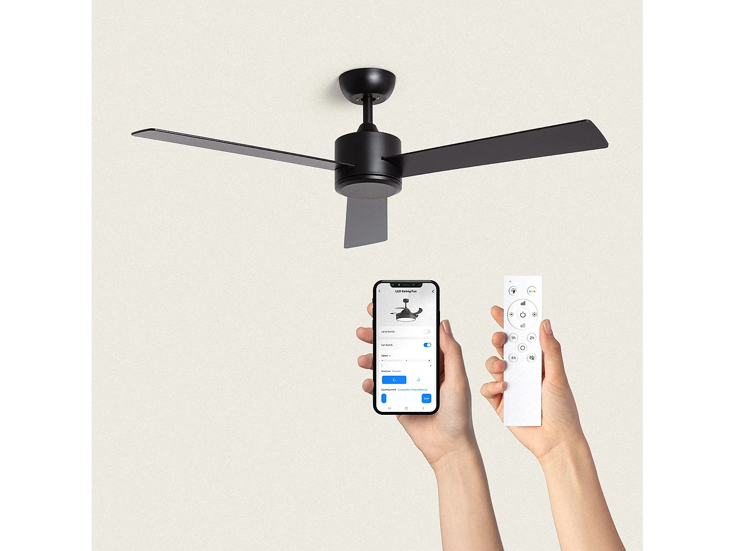 Ventilateur de Plafond Silencieux Fleves 132cm Motor DC Noir  Sans lumière, Télécommande, Wifi: True