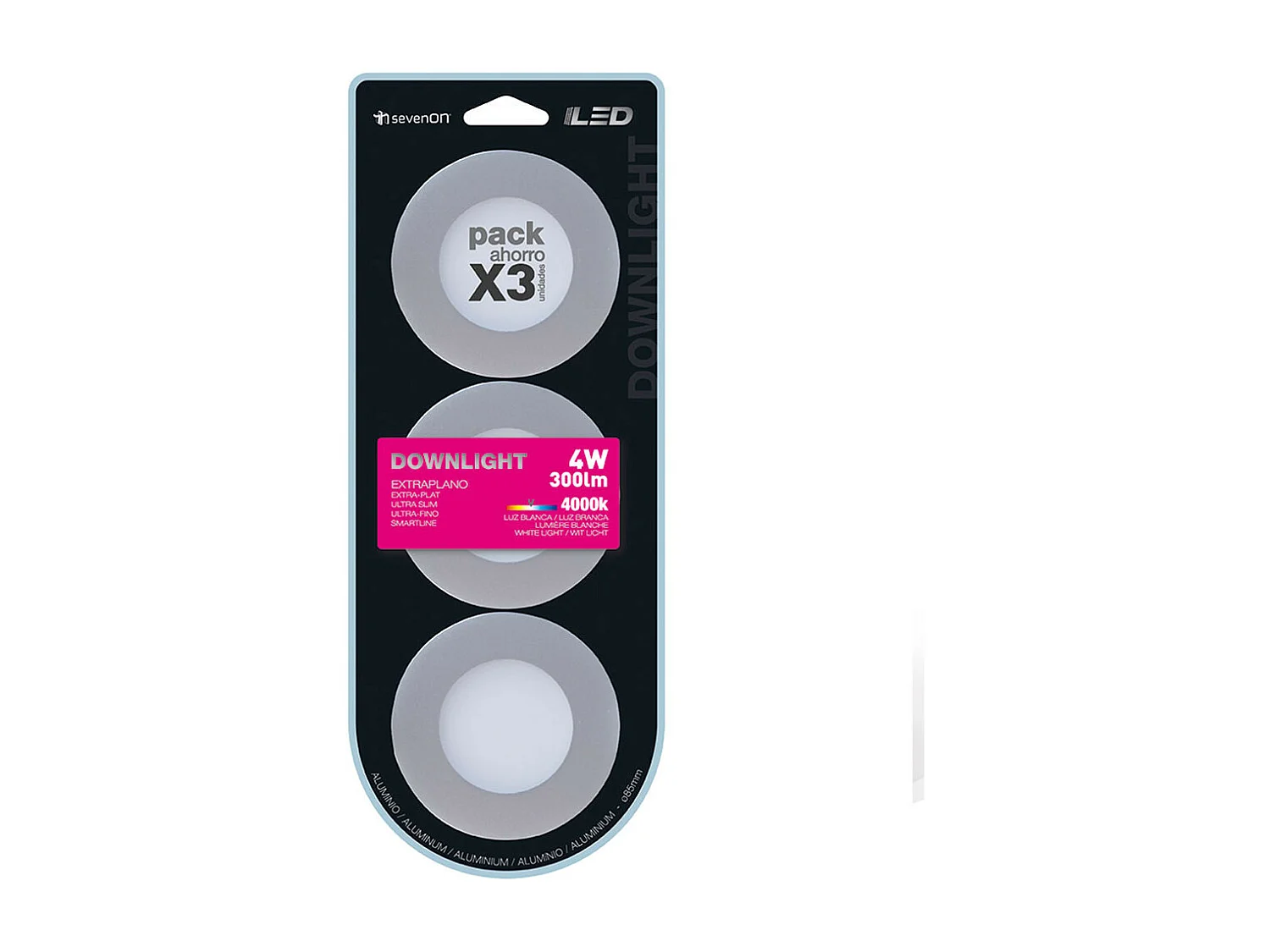 Pack 3 Mini Downlight LED Ultraslim Empotrable Redondo 4W 300lm Ø7cm 4000K Aluminio 7hSevenOn