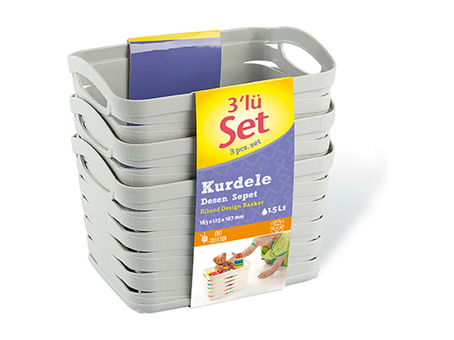 Kit 3 Cestas Medianas Rectangulares 1,5 Litros Gris 7house