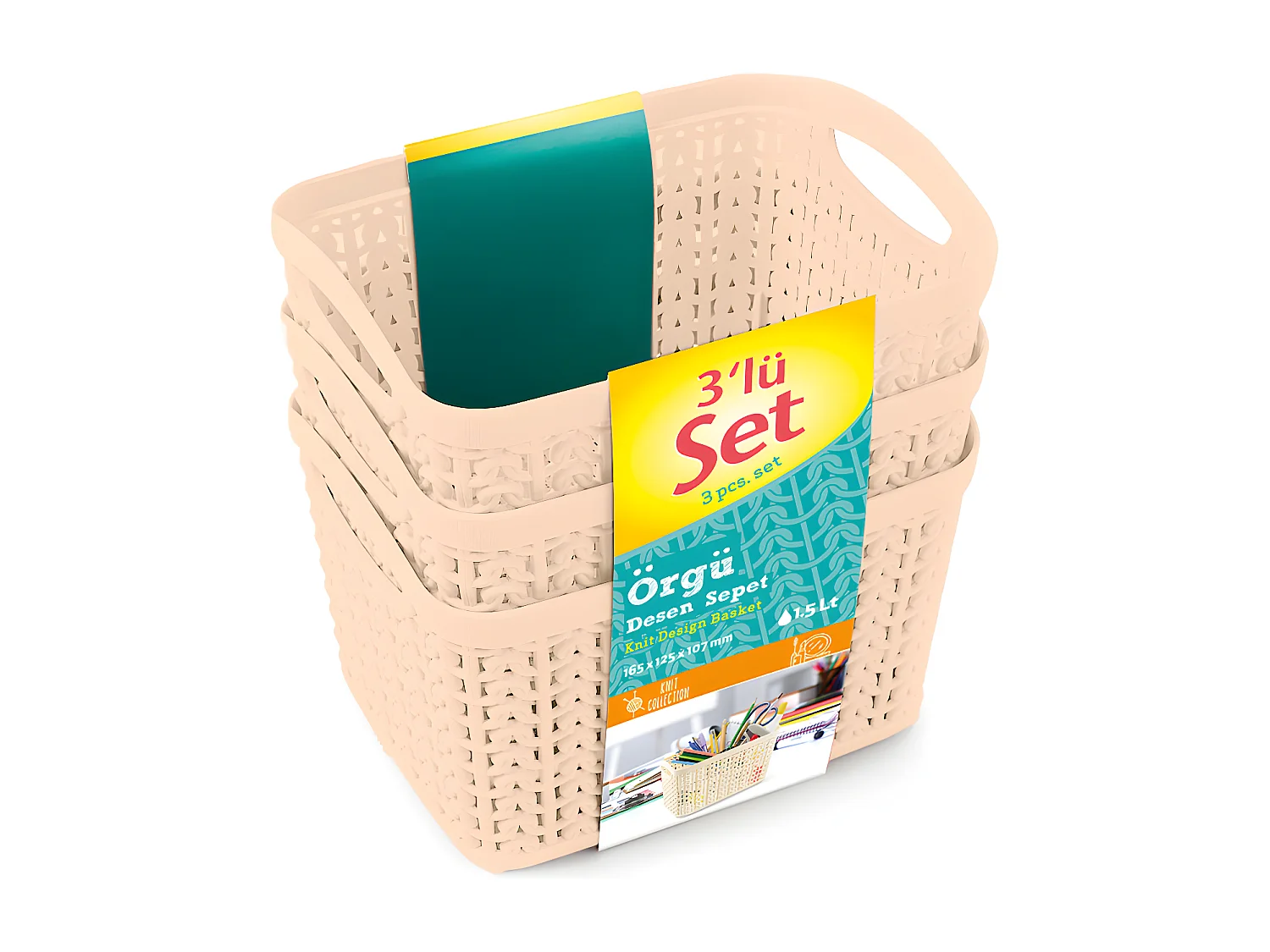 Kit di 3 Cestini Rettangolari 1,5 Litri Beige 7house