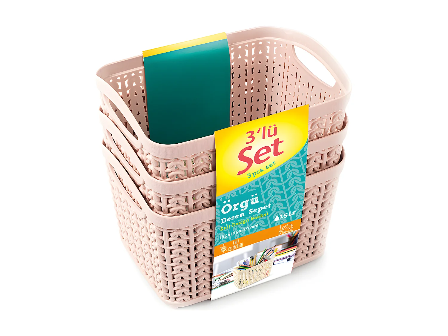 Kit 3 Cestas Rectangulares 1,5 Litros Rosa 7house