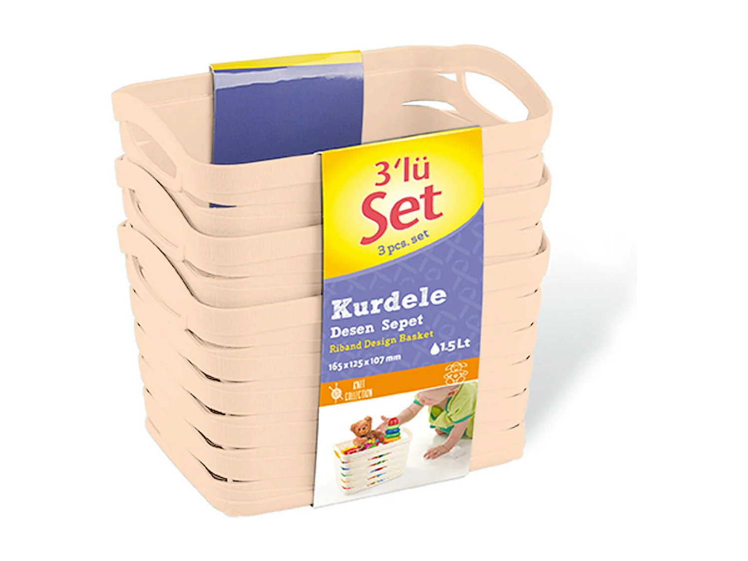 Kit 3 Cestas Medianas Rectangulares 1,5 Litros Beige 7house