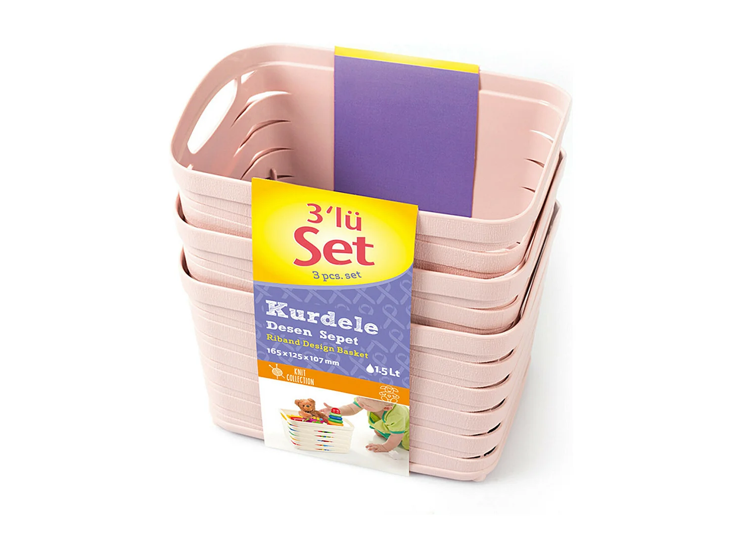 Kit 3 Cestas Medianas Rectangulares 1,5 Litros Rosa 7house