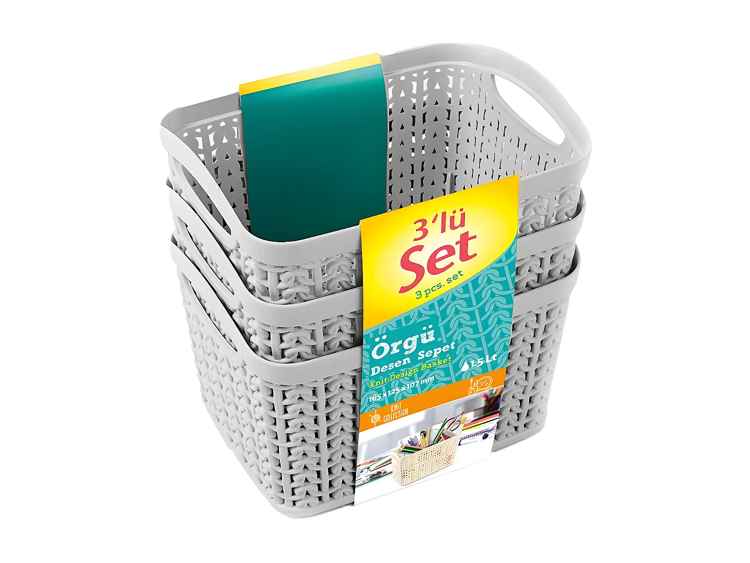 Kit 3 Cestas Rectangulares 1,5 Litros Gris 7house