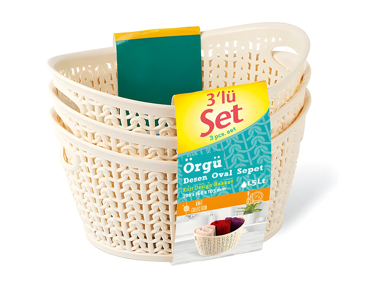 Kit 3 Cestini Ovali 1,5 Litri Beige 7house