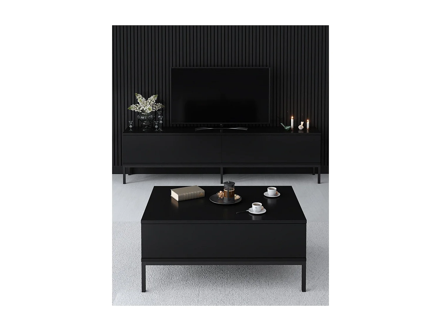 Móvel de TV – 180 cm de largura – Preto – Painel de partículas revestido de melamina