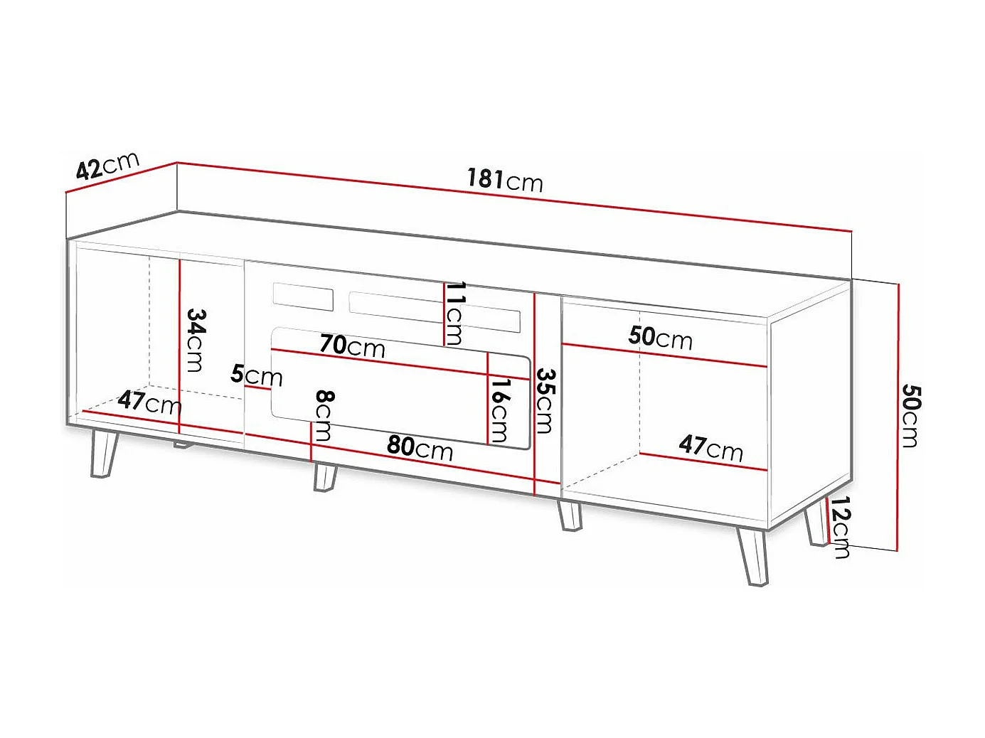 Mobile porta TV Levmari 106, Nero|Bianco|D'oro, Il numero di porte: 2.00, 181x49x40cm