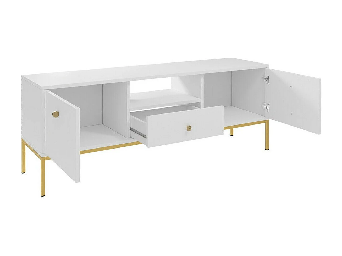 Meuble TV Romveri 101, Doré|Blanc, Le nombre de portes: 2, Nombre de tiroirs: 1, 154x56cm