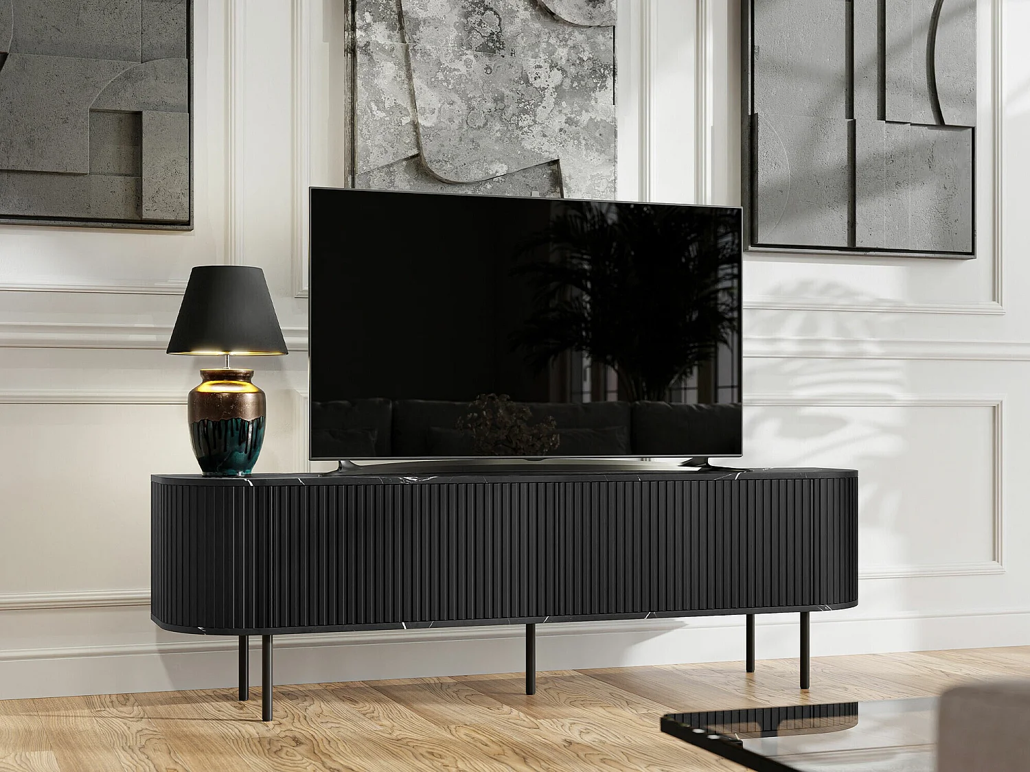 Meuble TV Charlotte 196, Marbre noir|Noir, 180x55x40cm