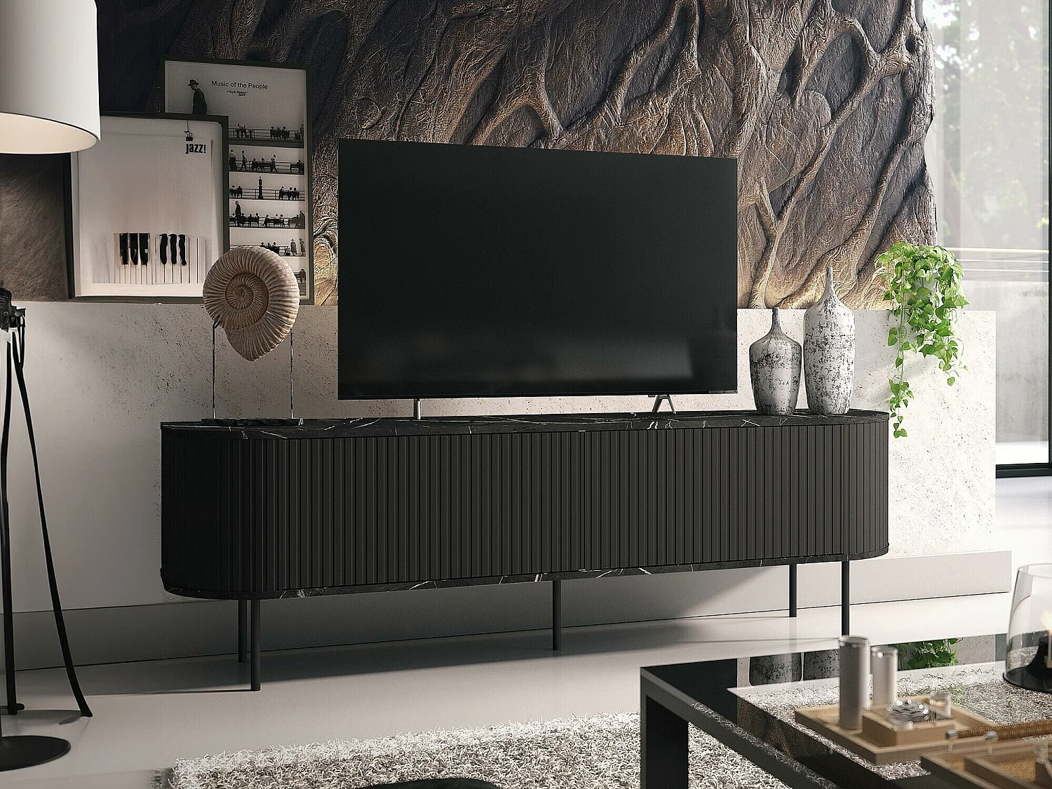 Meuble TV Charlotte 196, Marbre noir|Noir, 180x55x40cm