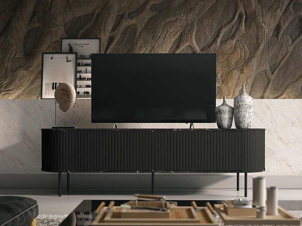 Meuble TV Charlotte 196, Marbre noir|Noir, 180x55x40cm