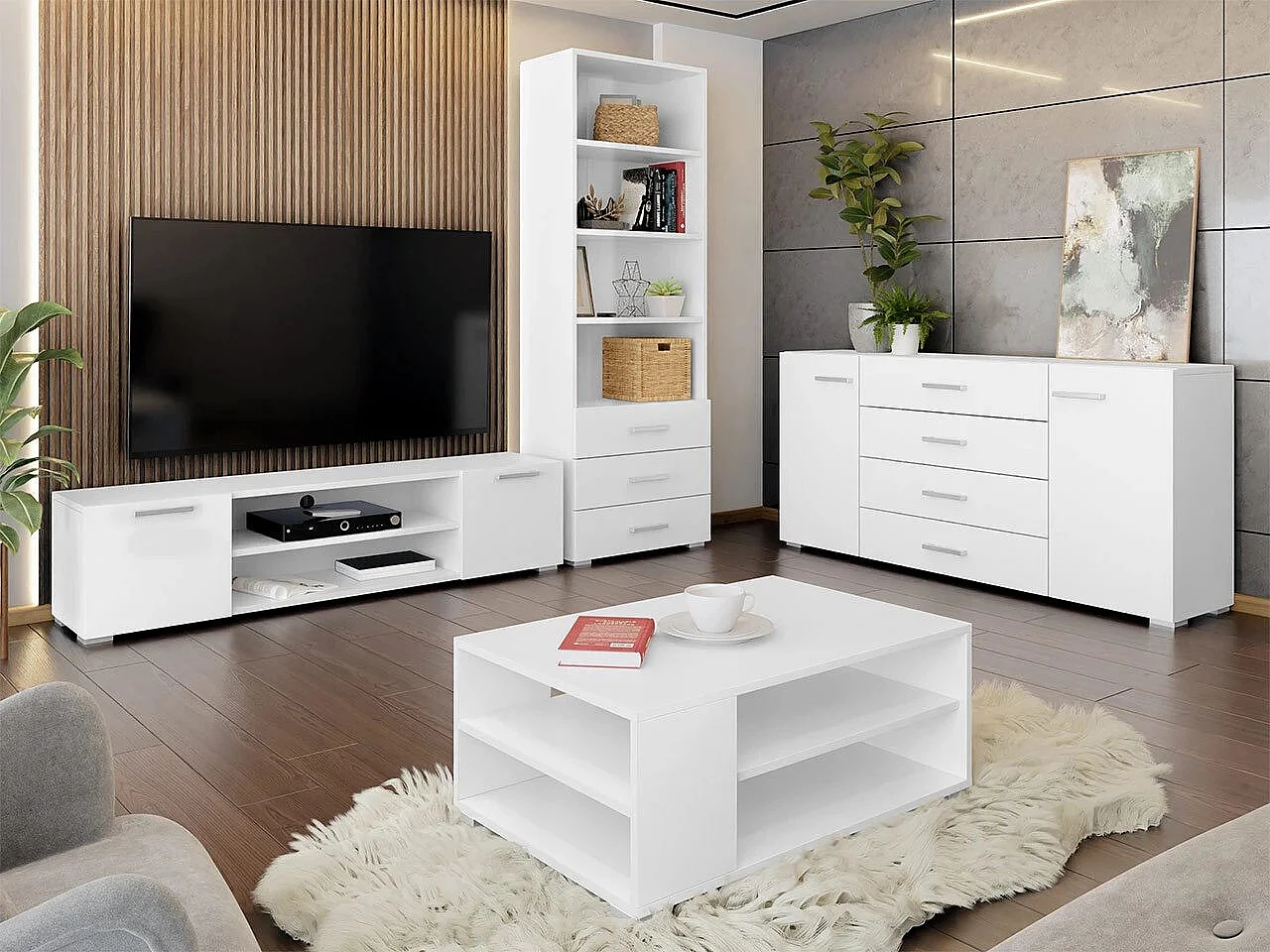 Meuble TV Comfivo Etrtale 105, Blanc, 156x36x35cm