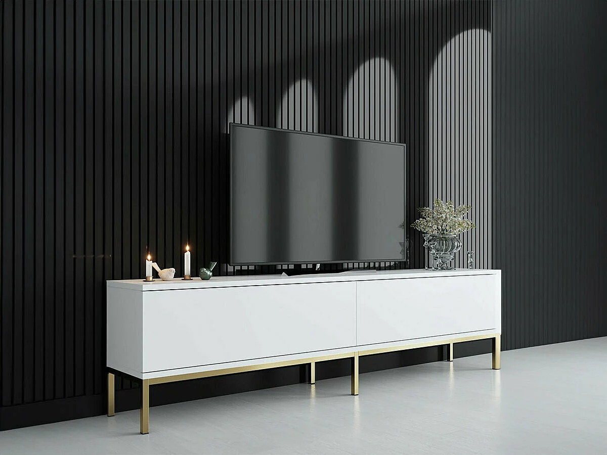 Mesa de tv Kailua Z115, Dorado|Blanco, 180x47x30cm