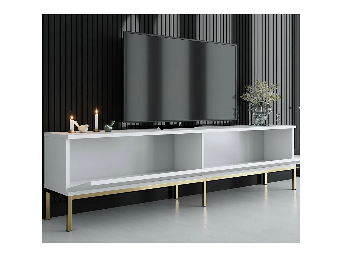 Mesa de tv Kailua Z115, Dorado|Blanco, 180x47x30cm