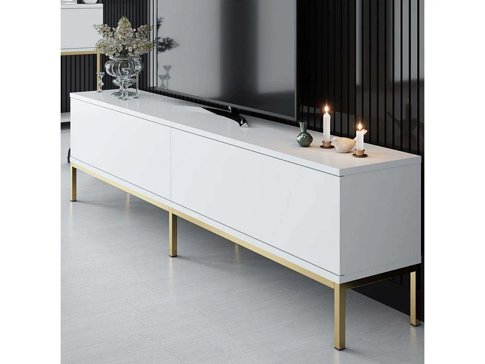 Mesa de tv Kailua Z115, Dorado|Blanco, 180x47x30cm