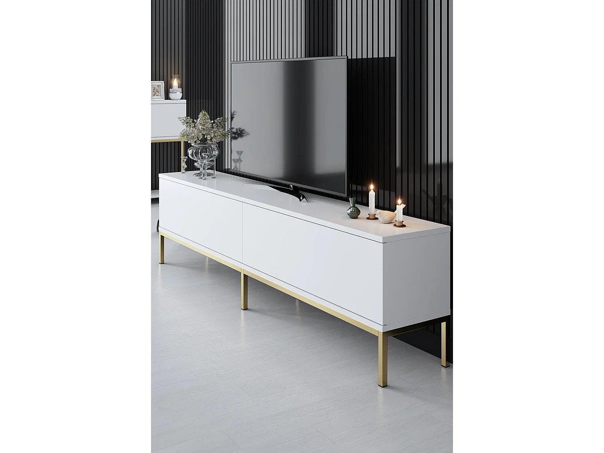 Mesa de tv Kailua Z115, Dorado|Blanco, 180x47x30cm