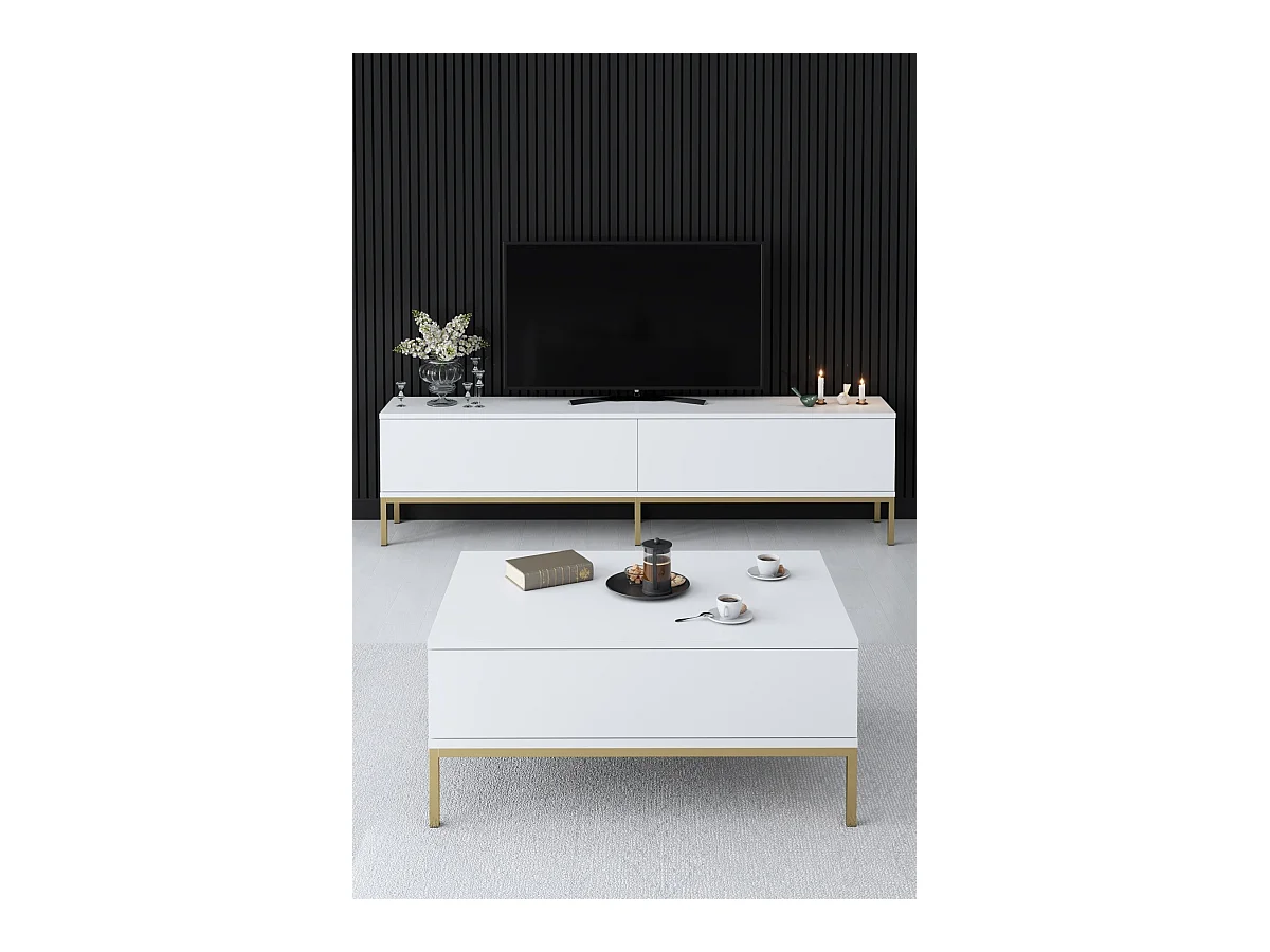 Mesa de tv Kailua Z115, Dorado|Blanco, 180x47x30cm