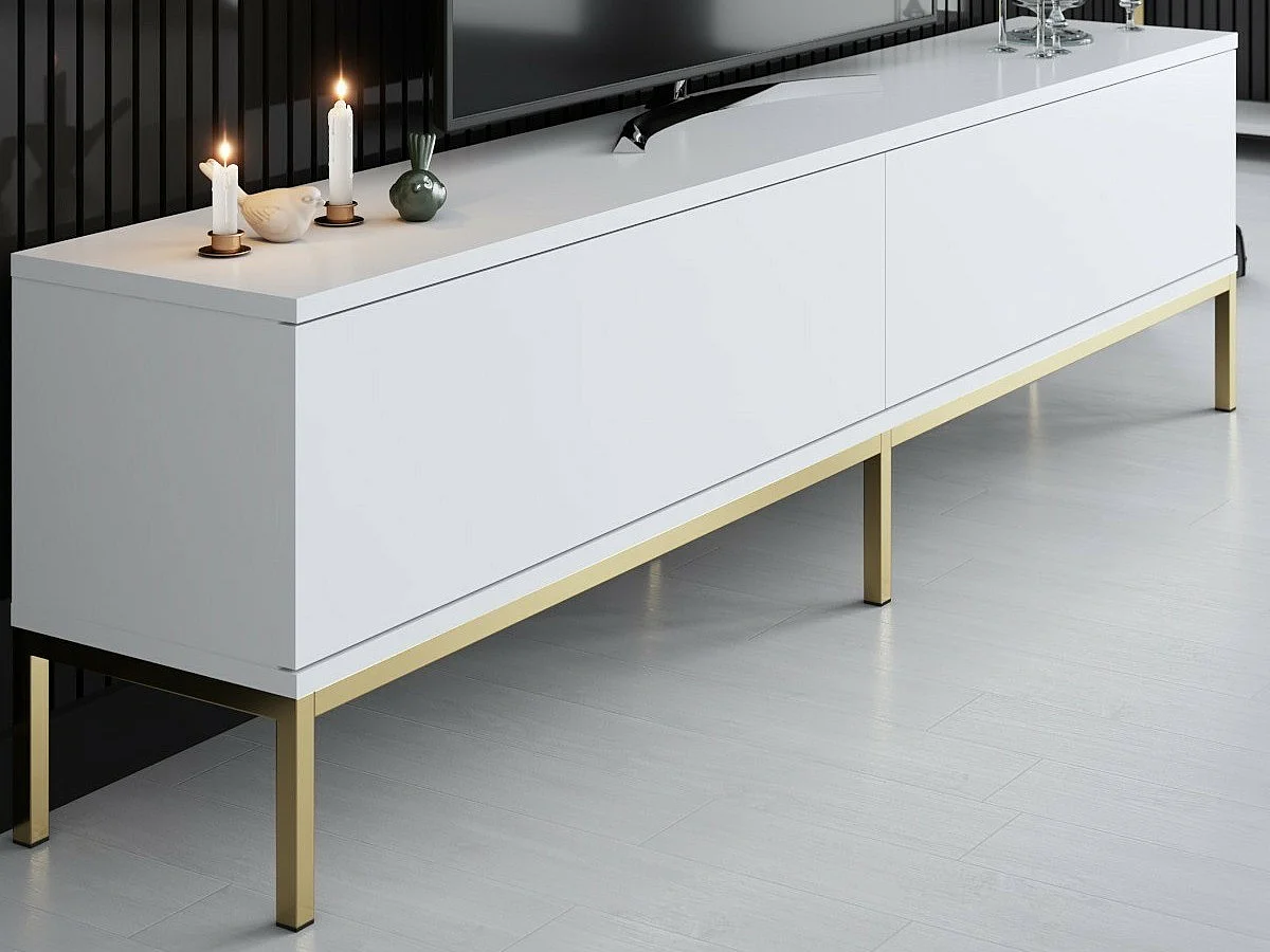 Móvel de TV – 180 x 47 x 30 cm – Branco e dourado – Painel de partículas revestido de melamina