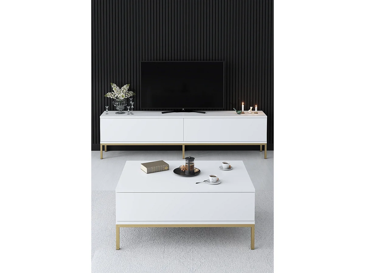 Móvel de TV – 180 x 47 x 30 cm – Branco e dourado – Painel de partículas revestido de melamina