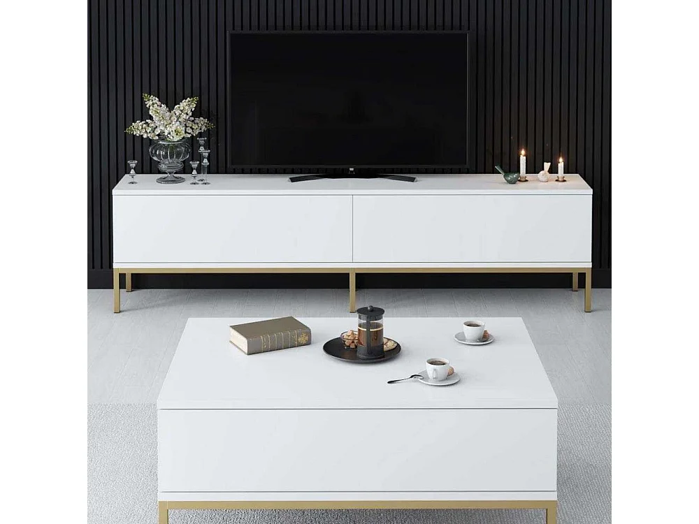 Stojak pod TV – 180 x 47 x 30 cm – Biały i złoty – Płyta wiórowa pokryta melaminą