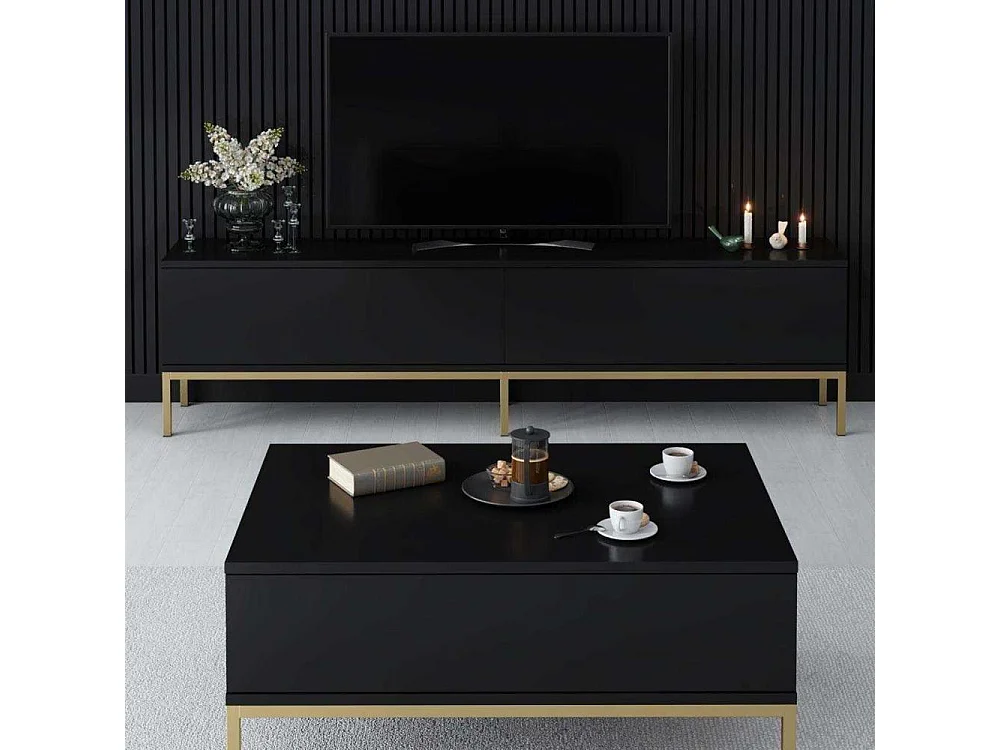 Móvel de TV – 180 x 47 x 30 cm – Preto e dourado – Painel de partículas revestido de melamina
