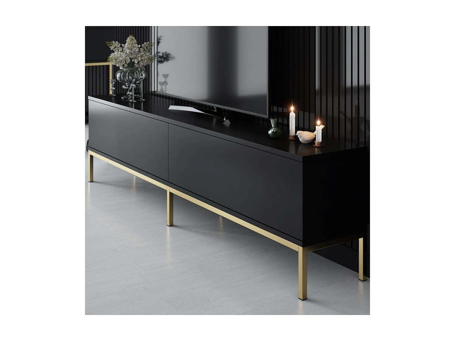 Móvel de TV – 180 x 47 x 30 cm – Preto e dourado – Painel de partículas revestido de melamina