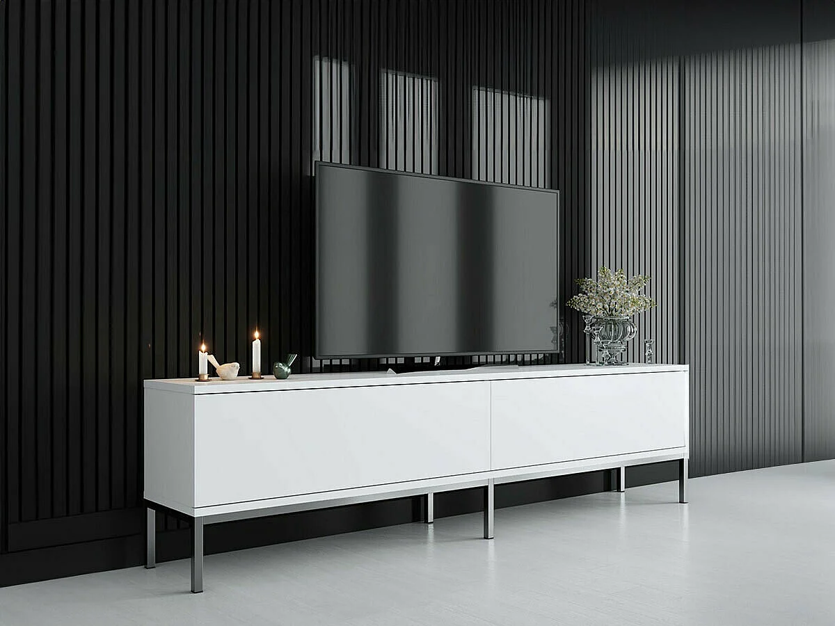 Móvel de TV – 180 cm de largura – Branco e prateado – Painel de partículas revestido de melamina