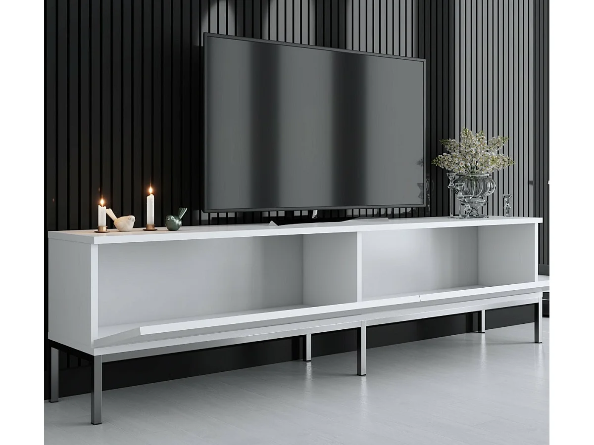 Móvel de TV – 180 cm de largura – Branco e prateado – Painel de partículas revestido de melamina