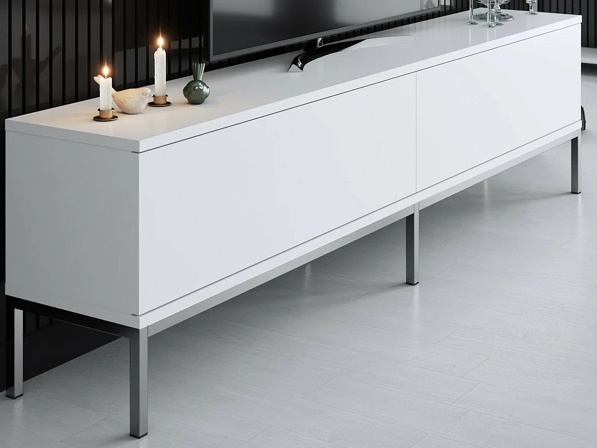 Móvel de TV – 180 cm de largura – Branco e prateado – Painel de partículas revestido de melamina