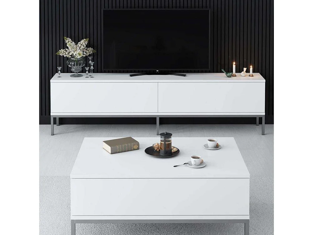 Móvel de TV – 180 cm de largura – Branco e prateado – Painel de partículas revestido de melamina