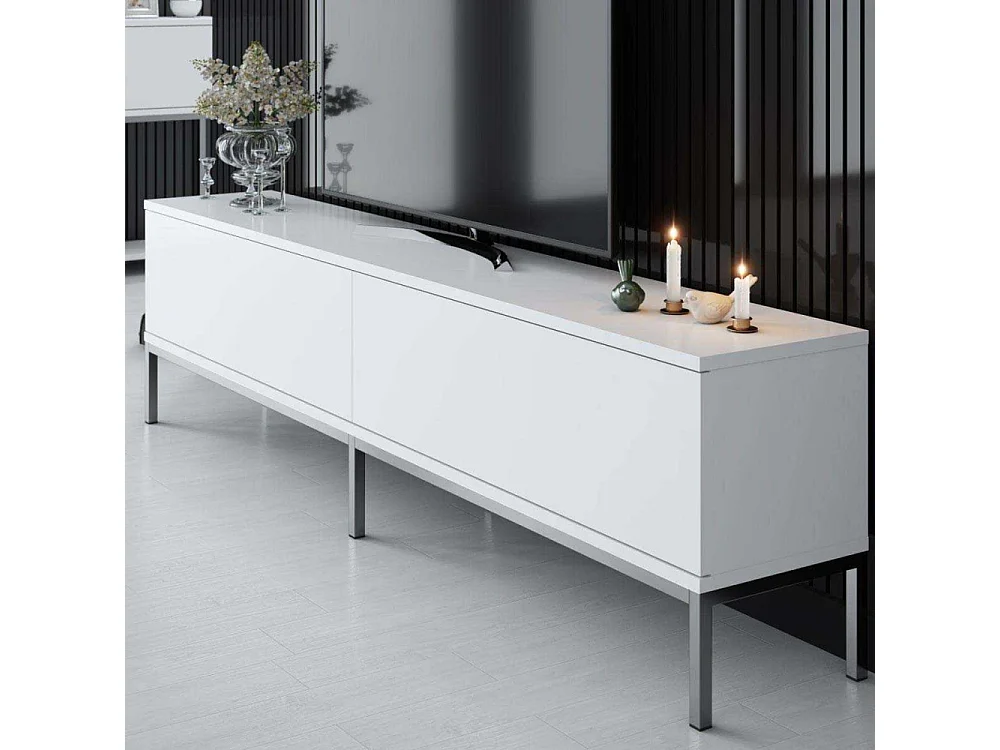 Móvel de TV – 180 cm de largura – Branco e prateado – Painel de partículas revestido de melamina