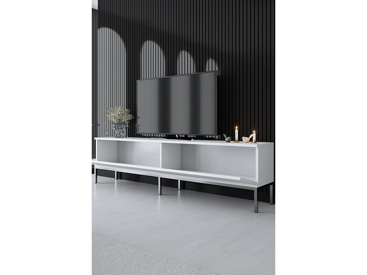 Móvel de TV – 180 cm de largura – Branco e prateado – Painel de partículas revestido de melamina