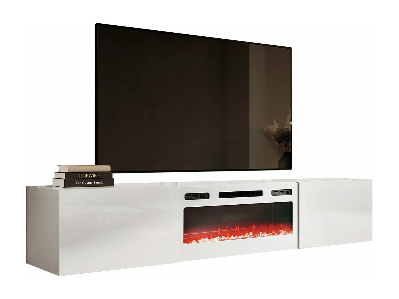 Meuble TV Charlotte 162, Blanc|Blanc brillant, Le nombre de portes: 2, 200x37x40cm