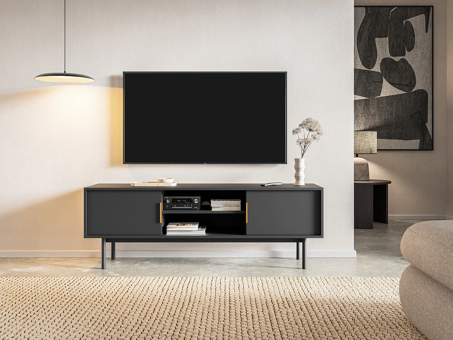 Meuble TV avec 2 portes et 2 niches - Noir - DABRIANA