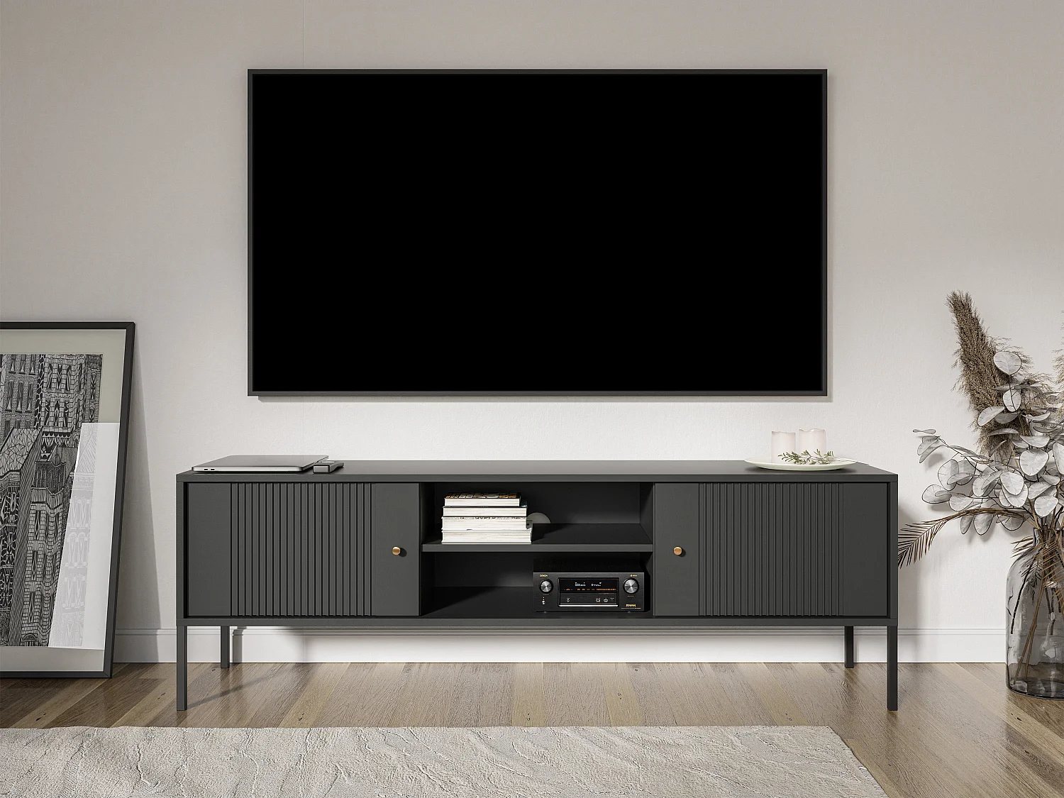 Meuble TV avec 2 portes et  2 niches en MDF - Noir - DEMASIA