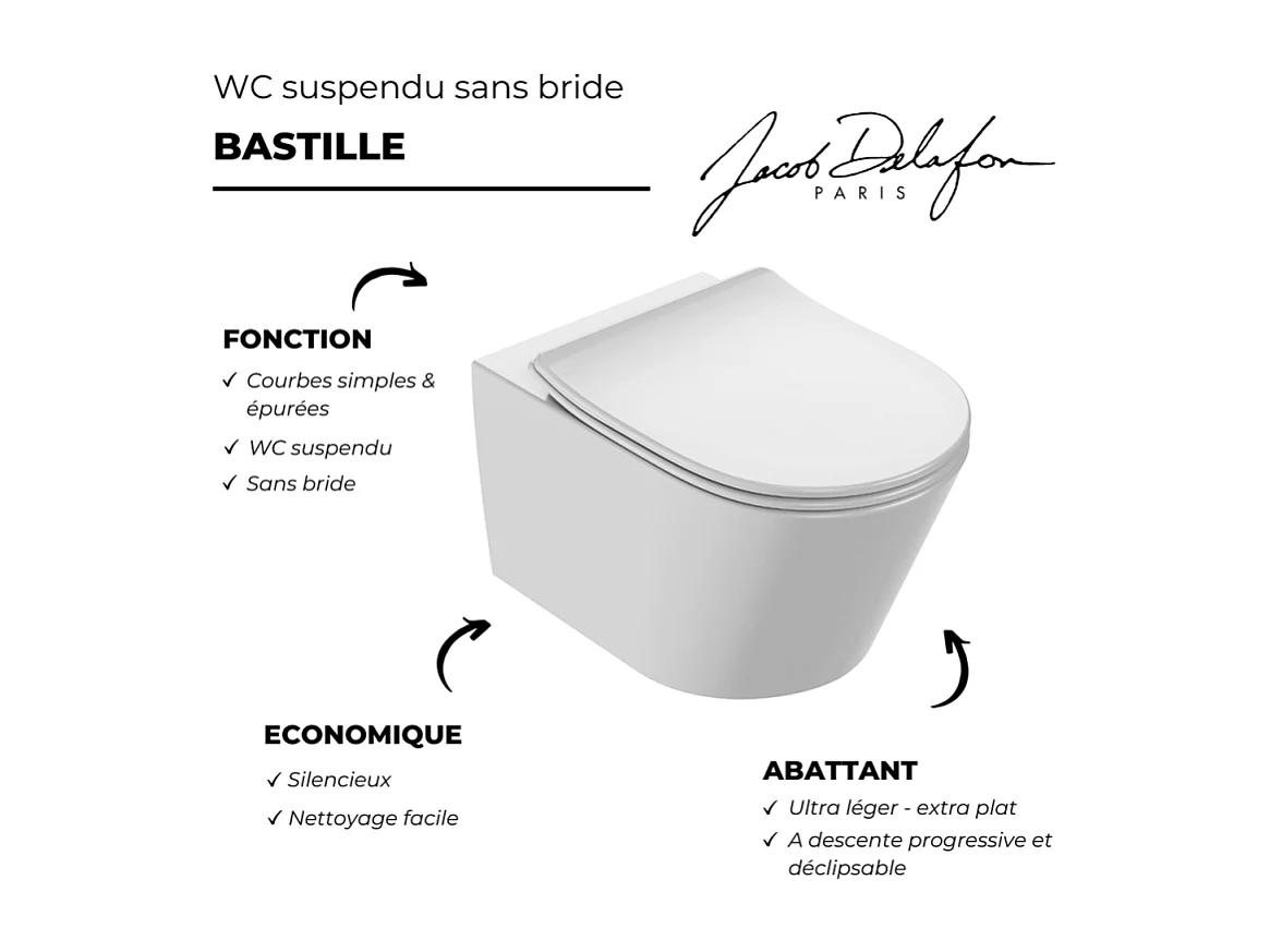 WC suspendu sans bride JACOB DELAFON Bastille caréné + abattant