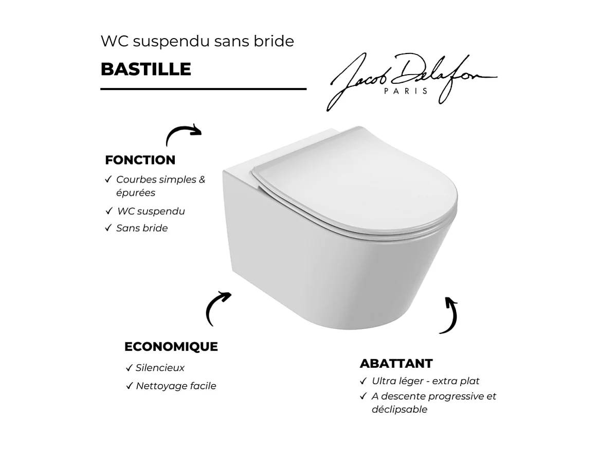 WC suspendu sans bride JACOB DELAFON Bastille caréné + abattant