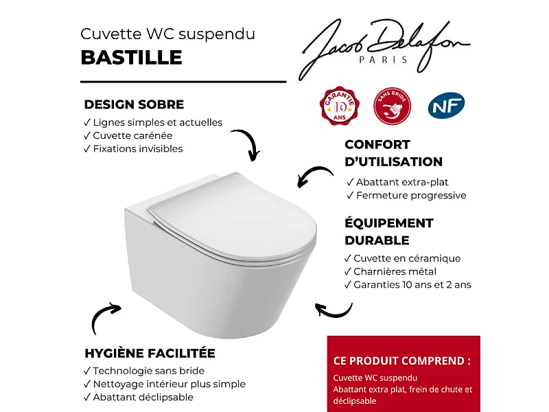 Cuvette WC suspendu sans bride JACOB DELAFON Bastille avec abattant frein de chute et déclipsable