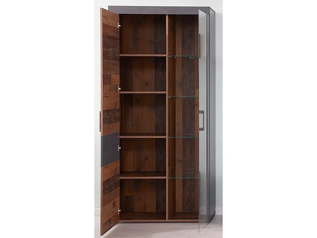 Vitrine à LED 2 portes mélaminé chêne foncé et gris Orcel