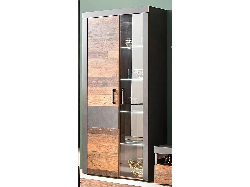 Vitrine à LED 2 portes mélaminé chêne foncé et gris Orcel