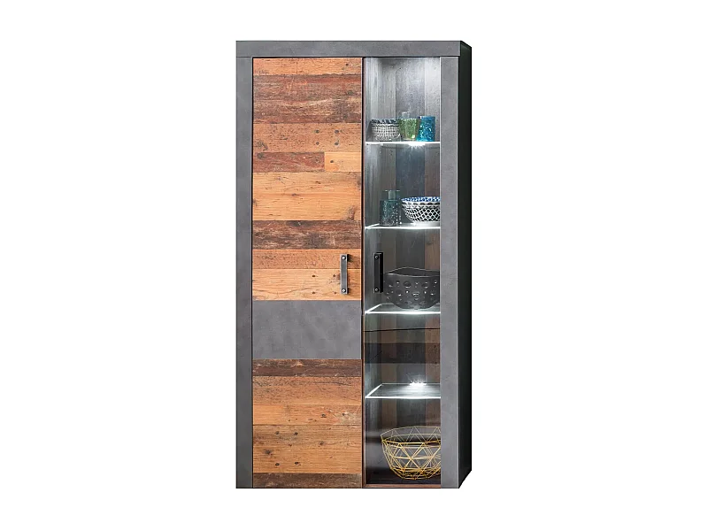 Vitrine à LED 2 portes mélaminé chêne foncé et gris Orcel