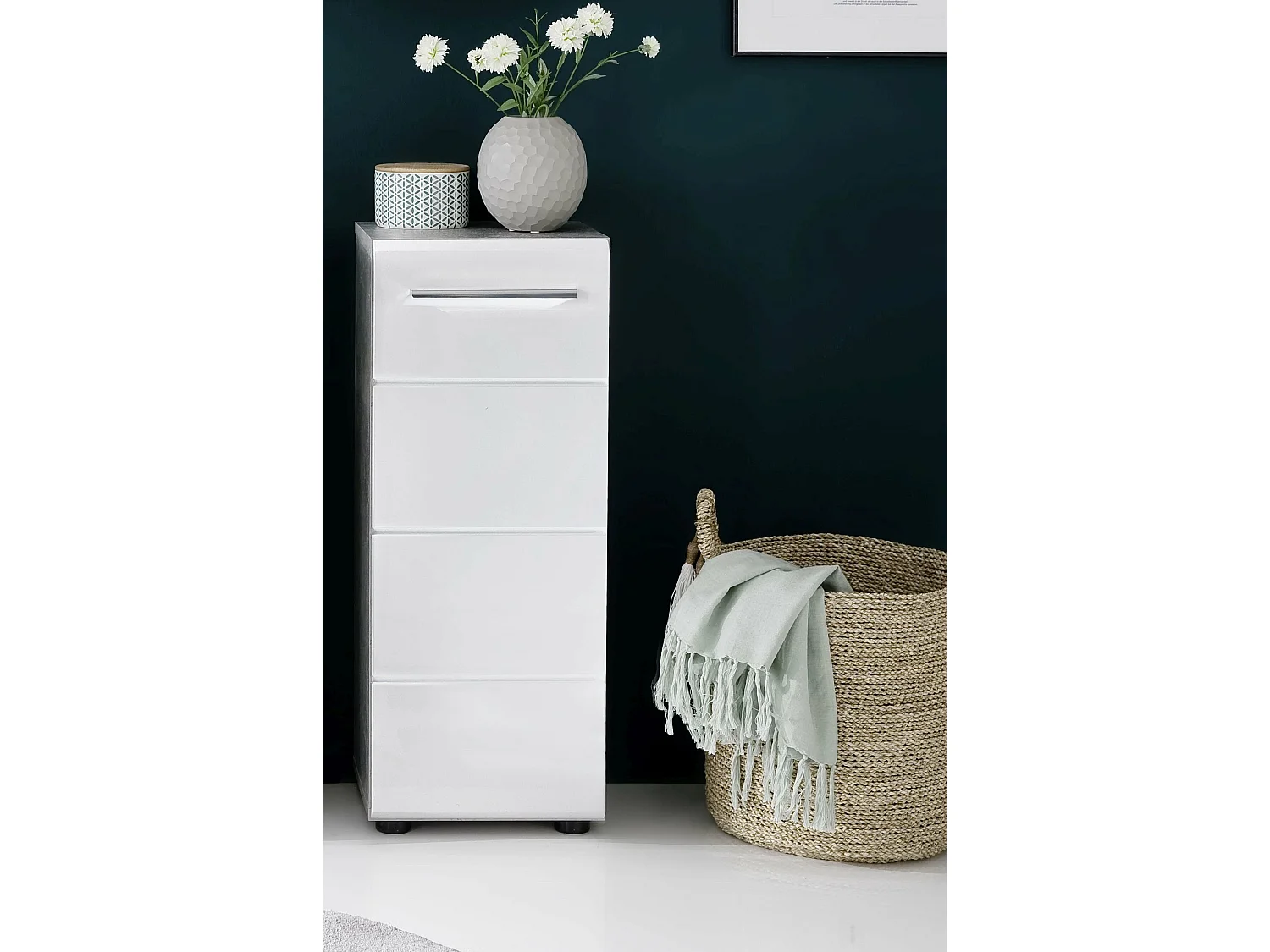 Meuble de salle de bain. - Meuble bas de salle de bain en mélaminé blanc brillant et gris. L-H-P :32-82-28cm