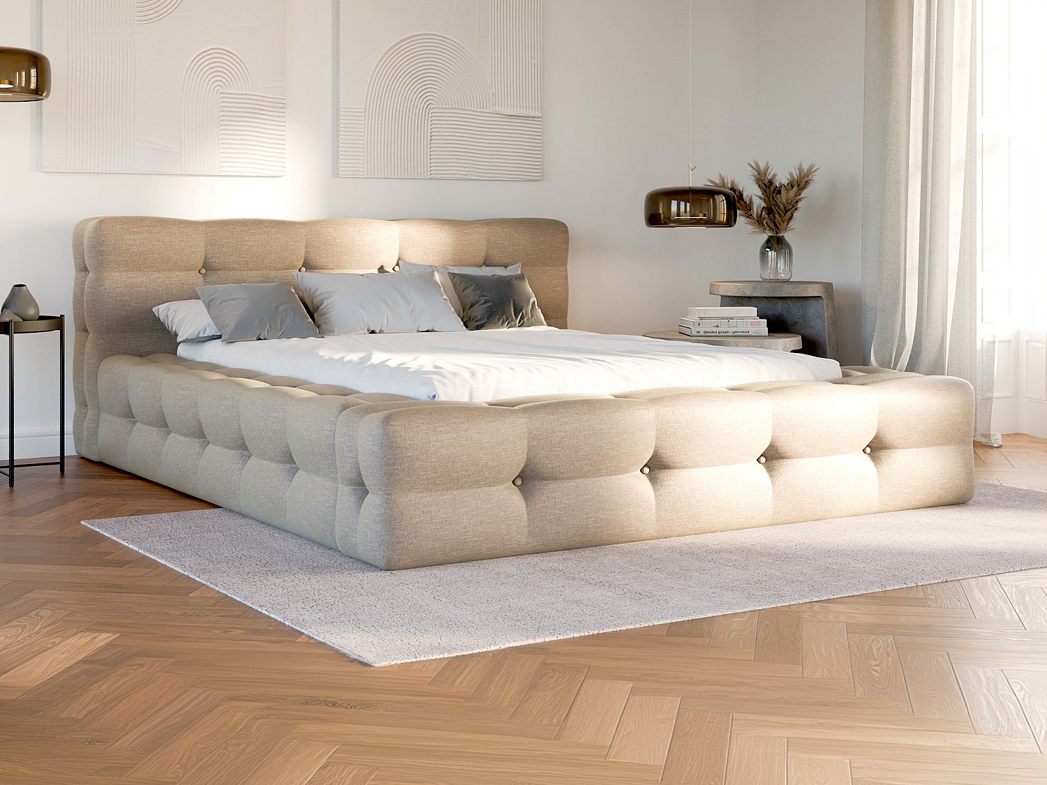 Polstret seng 140 x 190 cm - Melnert tørkeltøylengt - Beige - Beige - LERUCO by Pascal Morabito