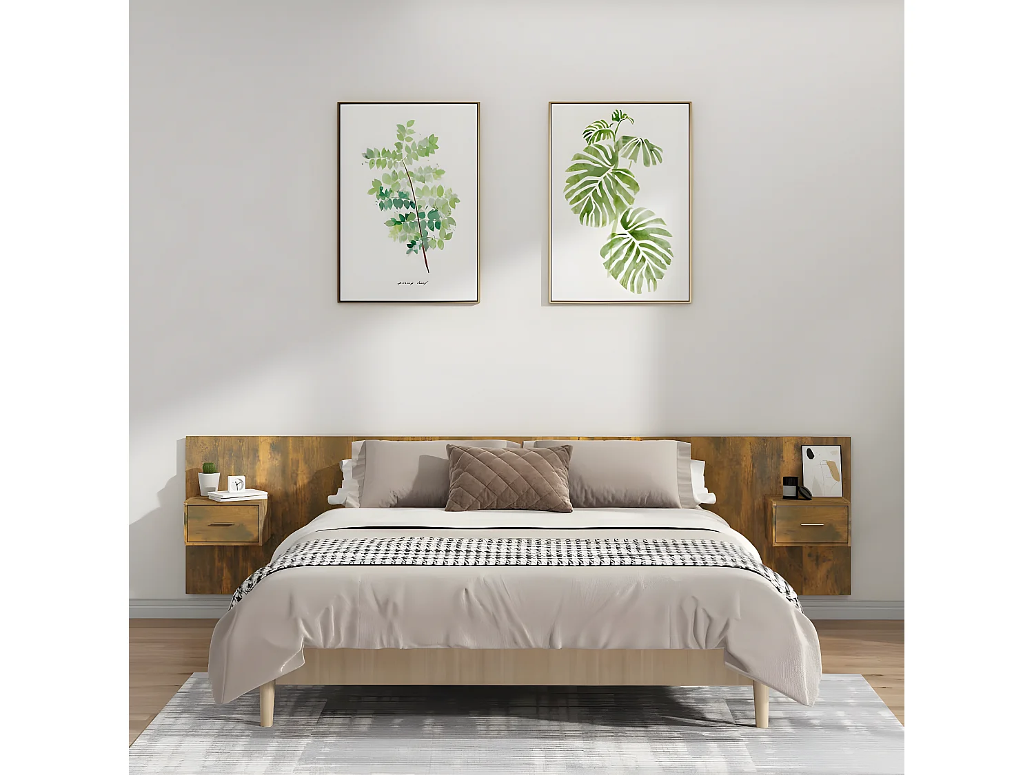 BettKopfteil für Bett + Nachttischen | Bett-Kopfteil Räuchereiche Holzwerkstoff -MN592206