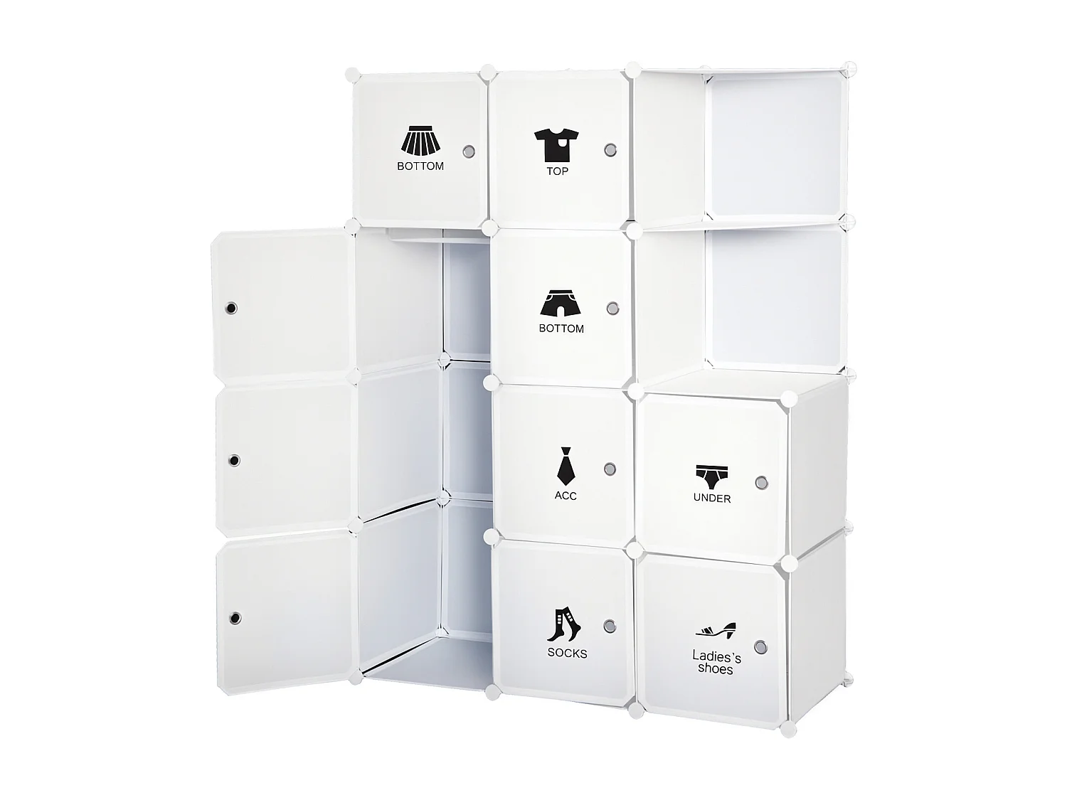 Armoire penderie cube multi-rangements 10 cubes + 2 étagères + autocollants décoratifs 111L x 47l x 145H cm blanc