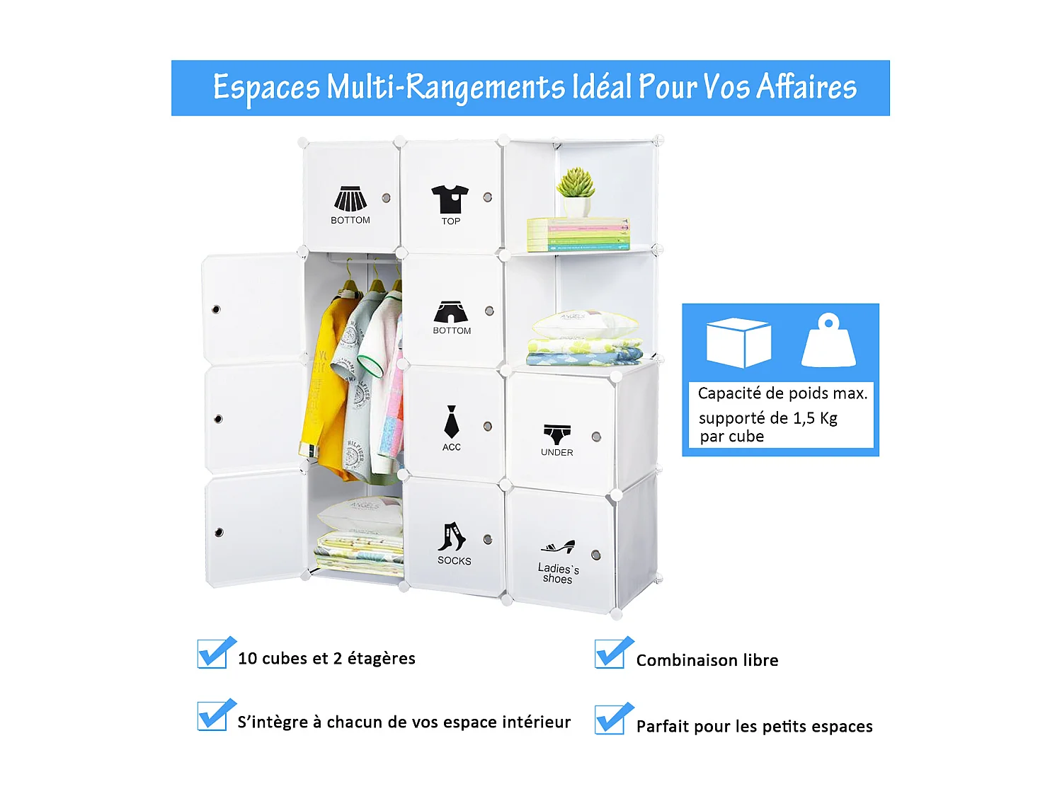 Armoire penderie cube multi-rangements 10 cubes + 2 étagères + autocollants décoratifs 111L x 47l x 145H cm blanc