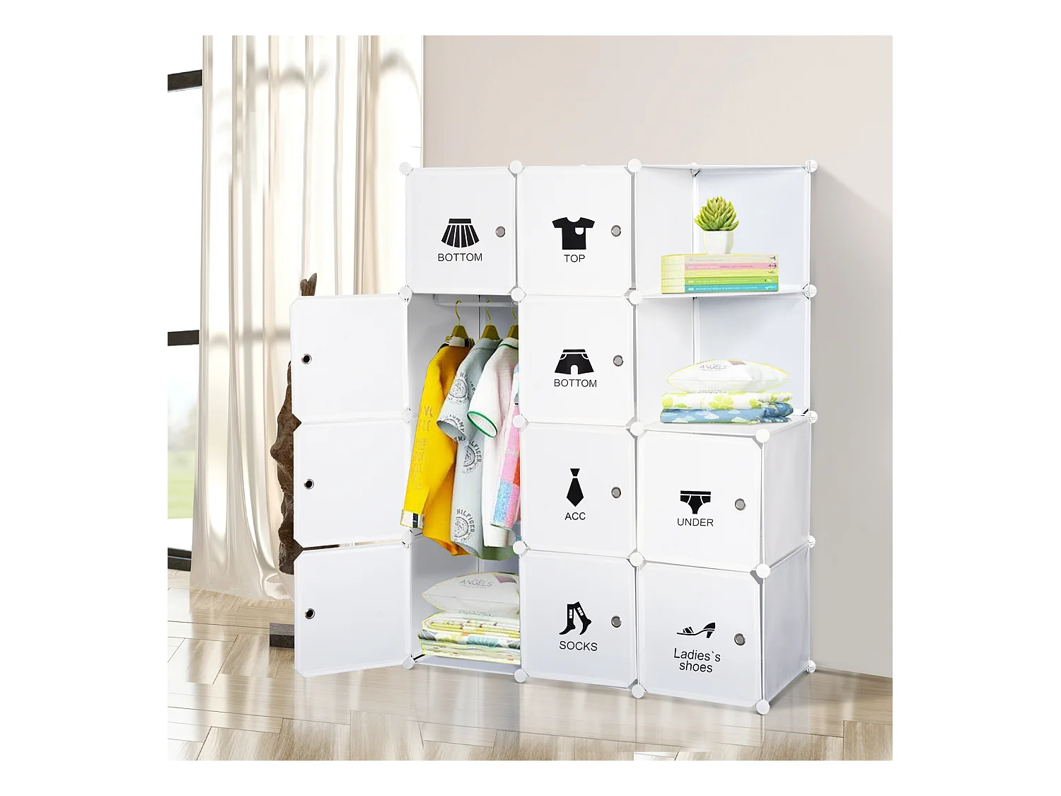 Armoire penderie cube multi-rangements 10 cubes + 2 étagères + autocollants décoratifs 111L x 47l x 145H cm blanc