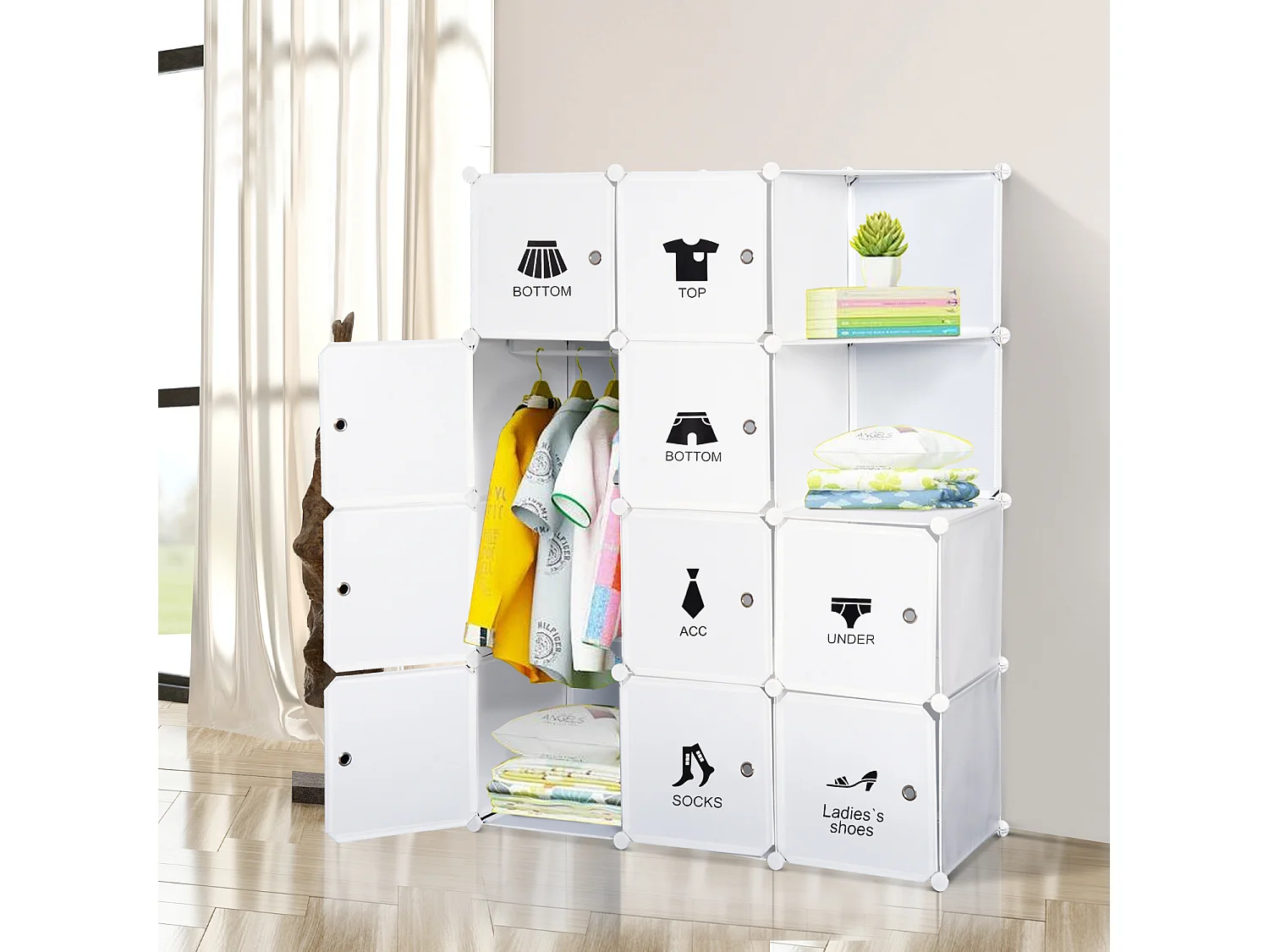 Armoire penderie cube multi-rangements 10 cubes + 2 étagères + autocollants décoratifs 111L x 47l x 145H cm blanc