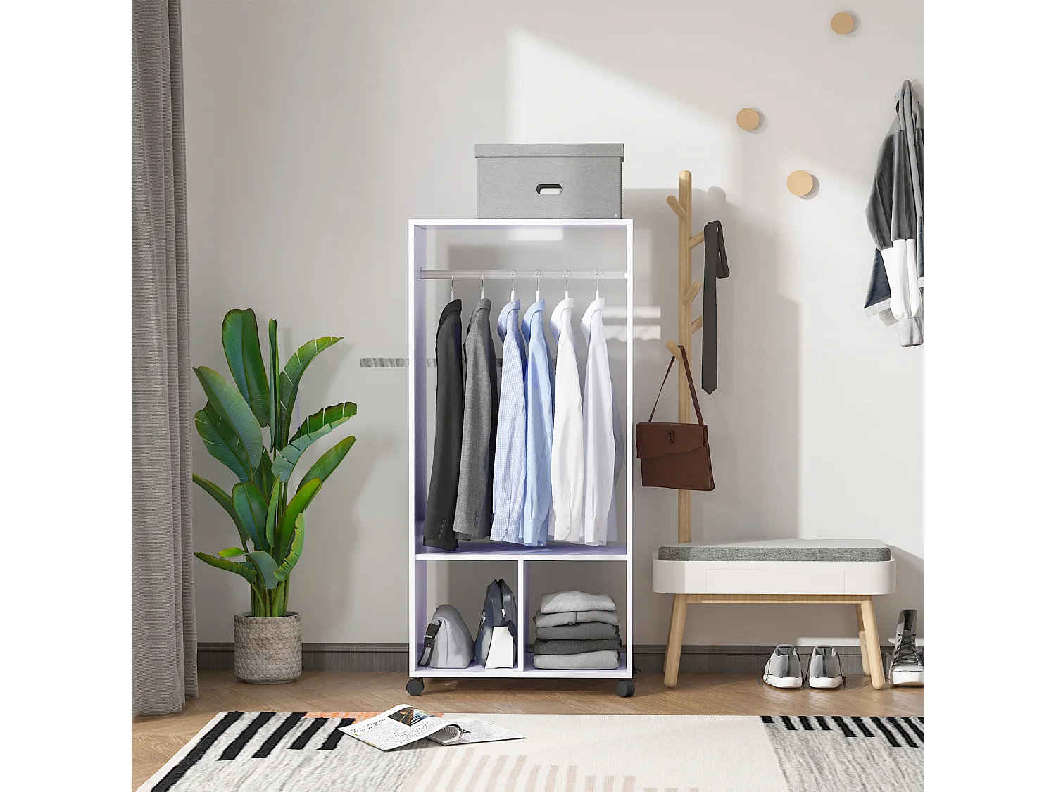 Portant à vêtements penderie mobile avec roulettes 2 niches + grand espace penderie panneaux particules blanc