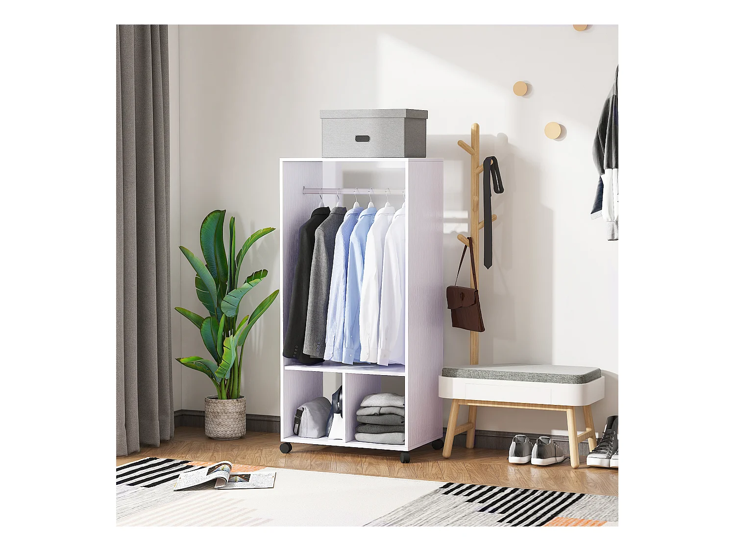 Portant à vêtements penderie mobile avec roulettes 2 niches + grand espace penderie panneaux particules blanc